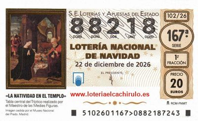 Anverso del d&eacute;cimo 88218 de la Loter&iacute;a de Navidad 2026, de A Coru&ntilde;a